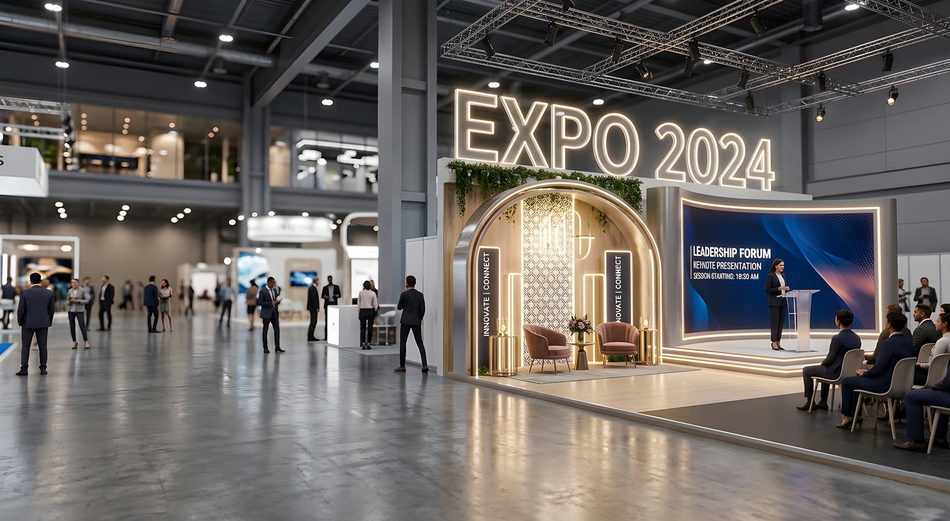 Stand de exposición de gran formato con letras luminosas y zona de presentación en la feria EXPO 2024