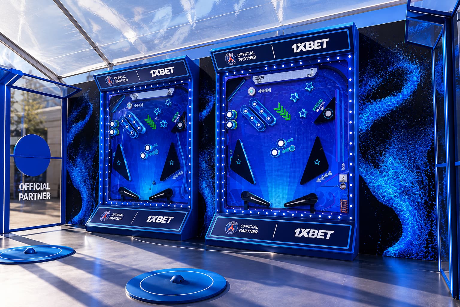 Enorme stand de exposición interactivo de 1XBET en forma de pinball con iluminación LED dinámica