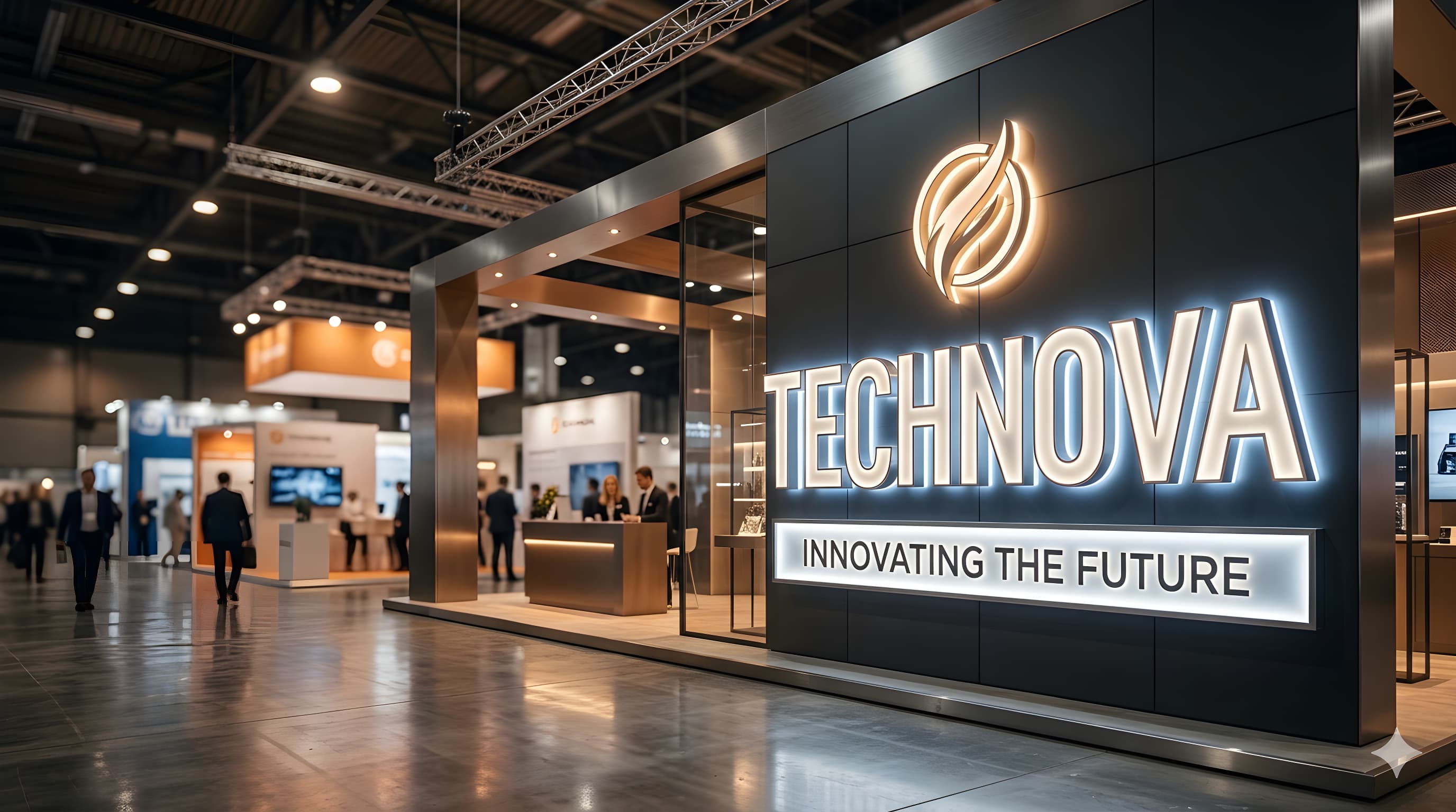 Stand de exposición moderno con letras corpóreas luminosas TECHNOVA diseñadas para destacar en ferias y eventos