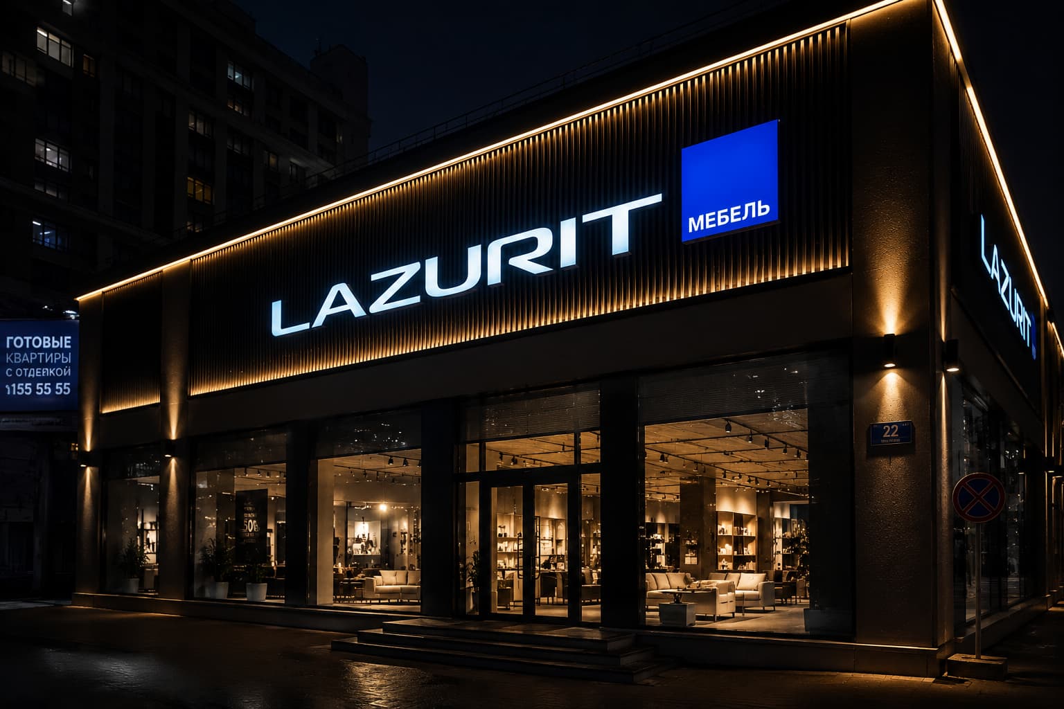 Rótulo luminoso llamativo con letras corpóreas Lazurit en la fachada nocturna de una tienda de muebles