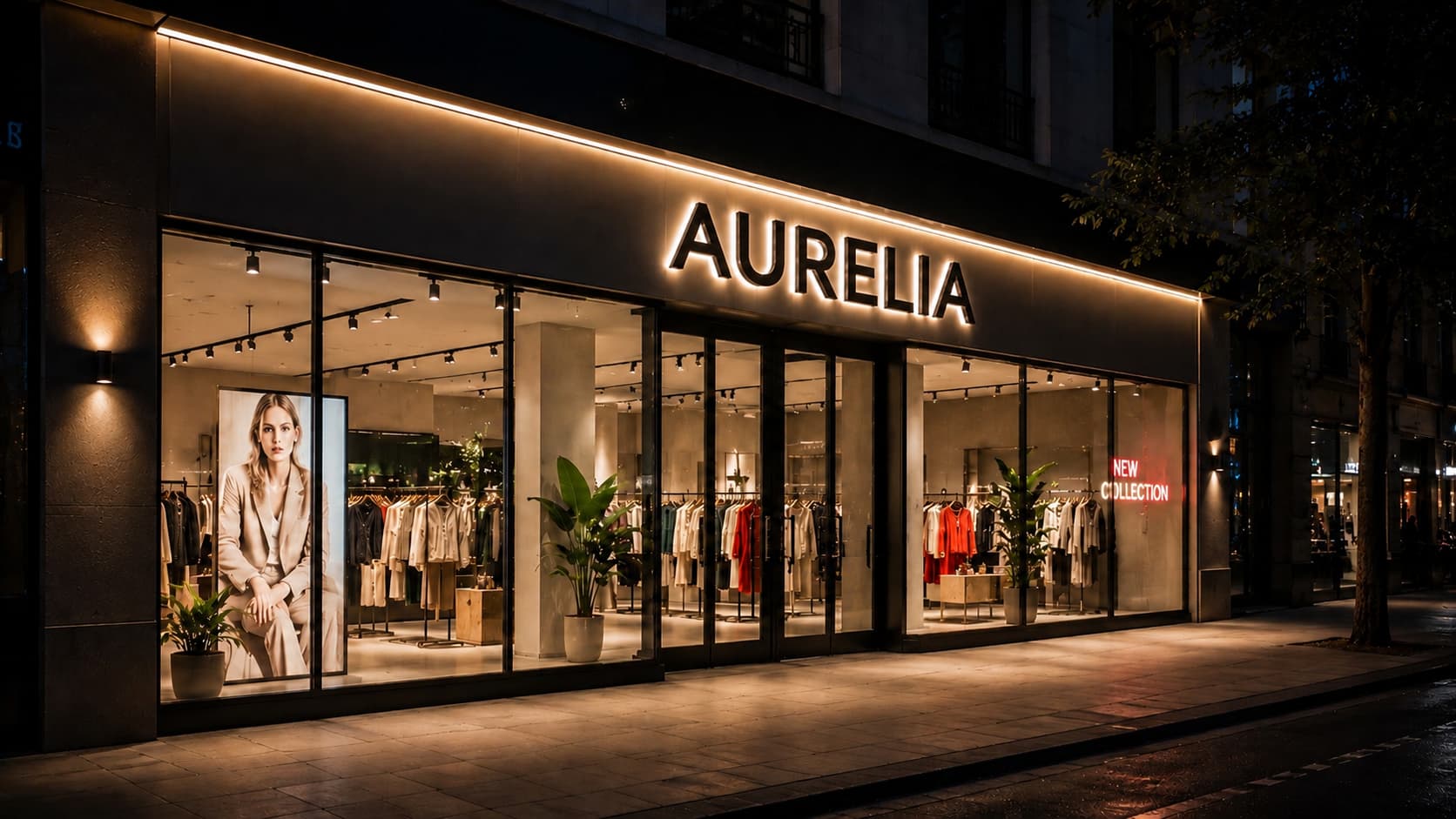 Rótulo luminoso moderno con letras corpóreas en la fachada nocturna de una tienda de ropa