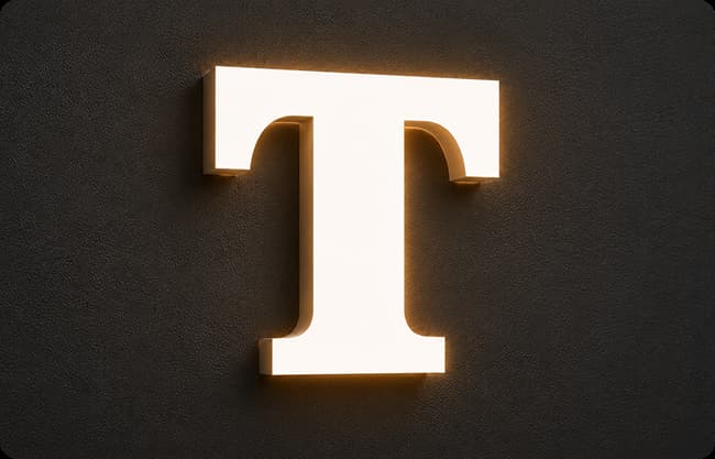 Ejemplo de iluminación frontal: letra corpórea con luz brillante en la cara principal para rótulos