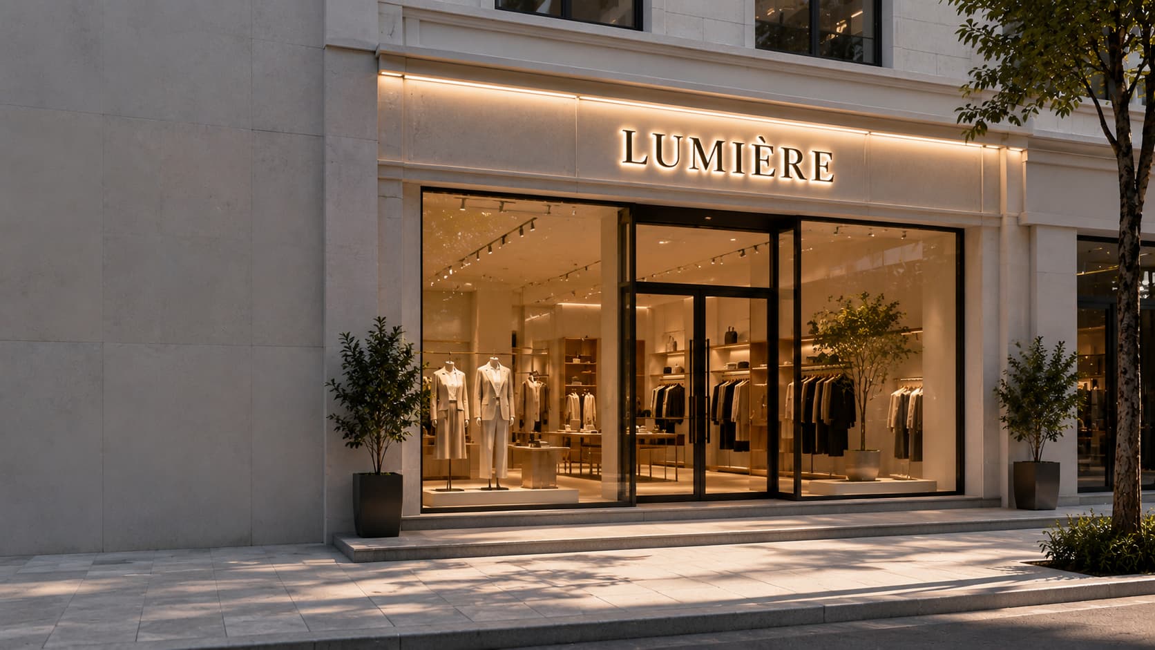 Elegante rótulo luminoso LUMIÈRE en la fachada de una boutique. Cálculo rápido de precio y presupuesto de letreros luminosos en 24 horas.