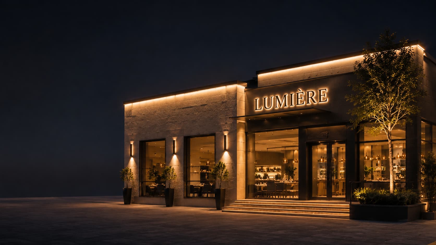 Elegante rótulo luminoso LUMIÈRE en la fachada nocturna de un restaurante. Fabricación y montaje de rótulos luminosos para negocios llave en mano.
