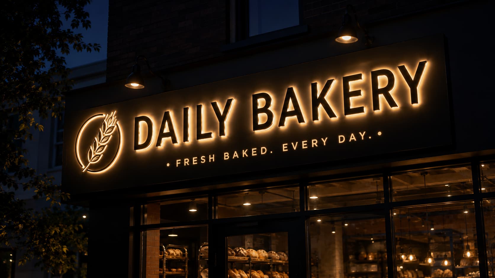 Elegante rótulo con retroiluminación cálida para panadería Daily Bakery. Solicite un rótulo luminoso para su negocio: preparamos su propuesta en 24 horas.