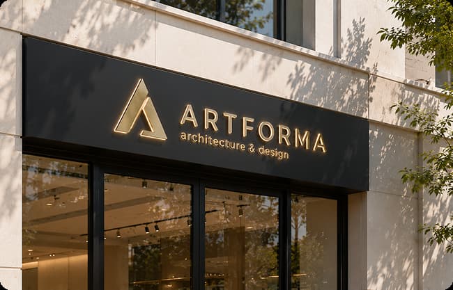 Moderno rótulo de bandeja de composite negro con logotipo ARTFORMA iluminado